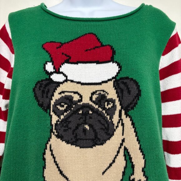 Ugly Christmas Santa Pug Green Sweater L Pullover Red White Candy Cane Sleeves - Picture 2 of 5